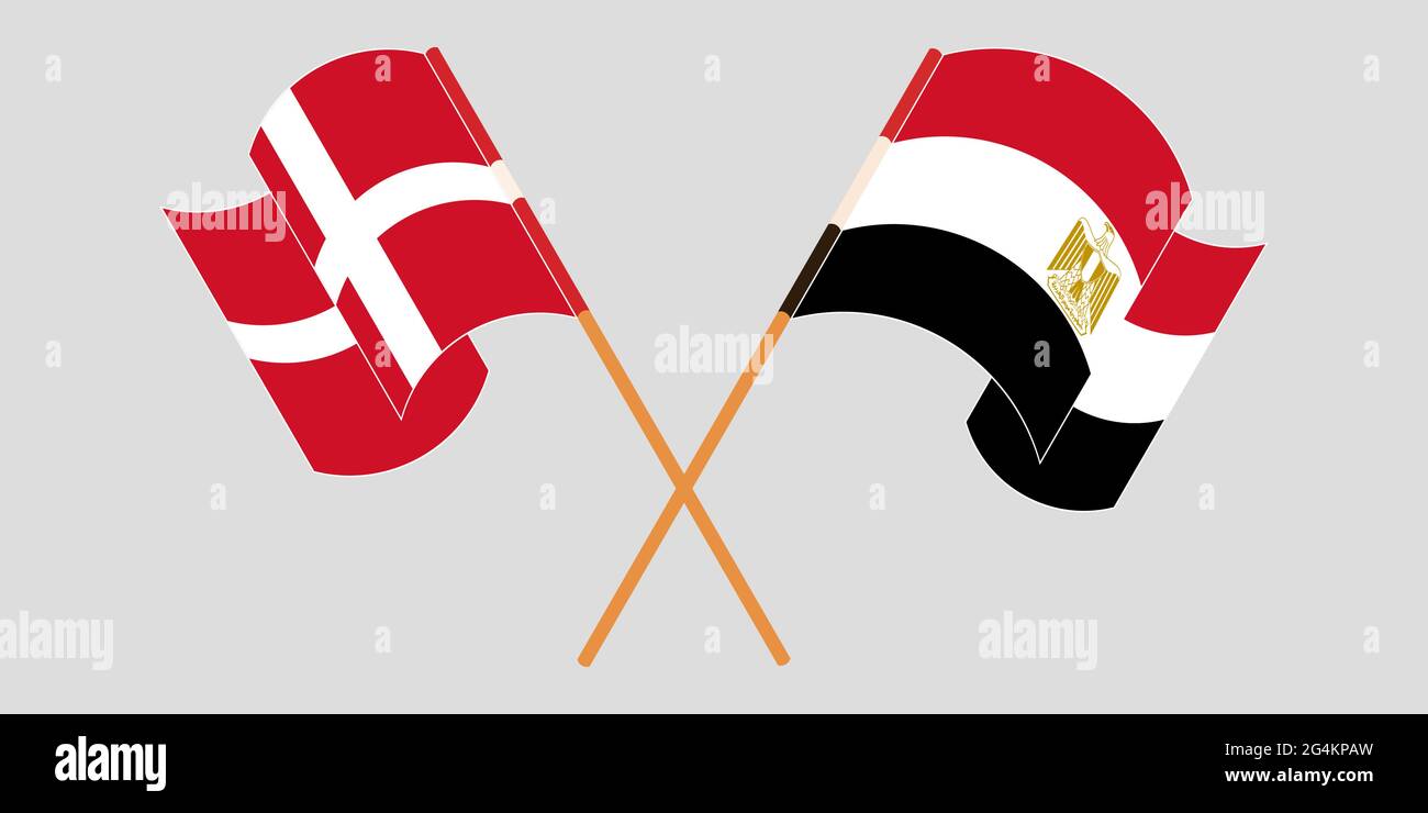 Gekreuzte und winkende Flaggen von Ägypten und Dänemark. Vektorgrafik Stock Vektor