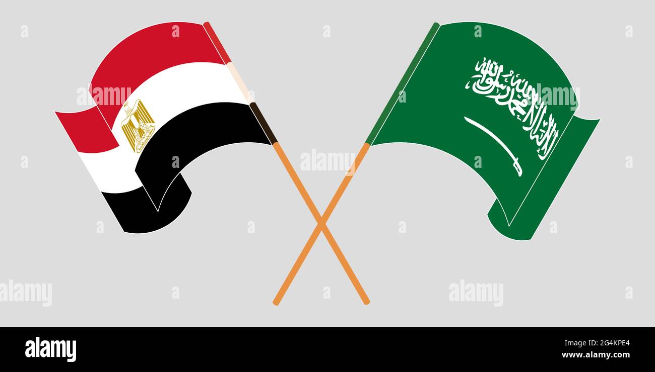 Gekreuzte und winkende Fahnen Ägyptens und des Königreichs Saudi-Arabien. Vektorgrafik Stock Vektor