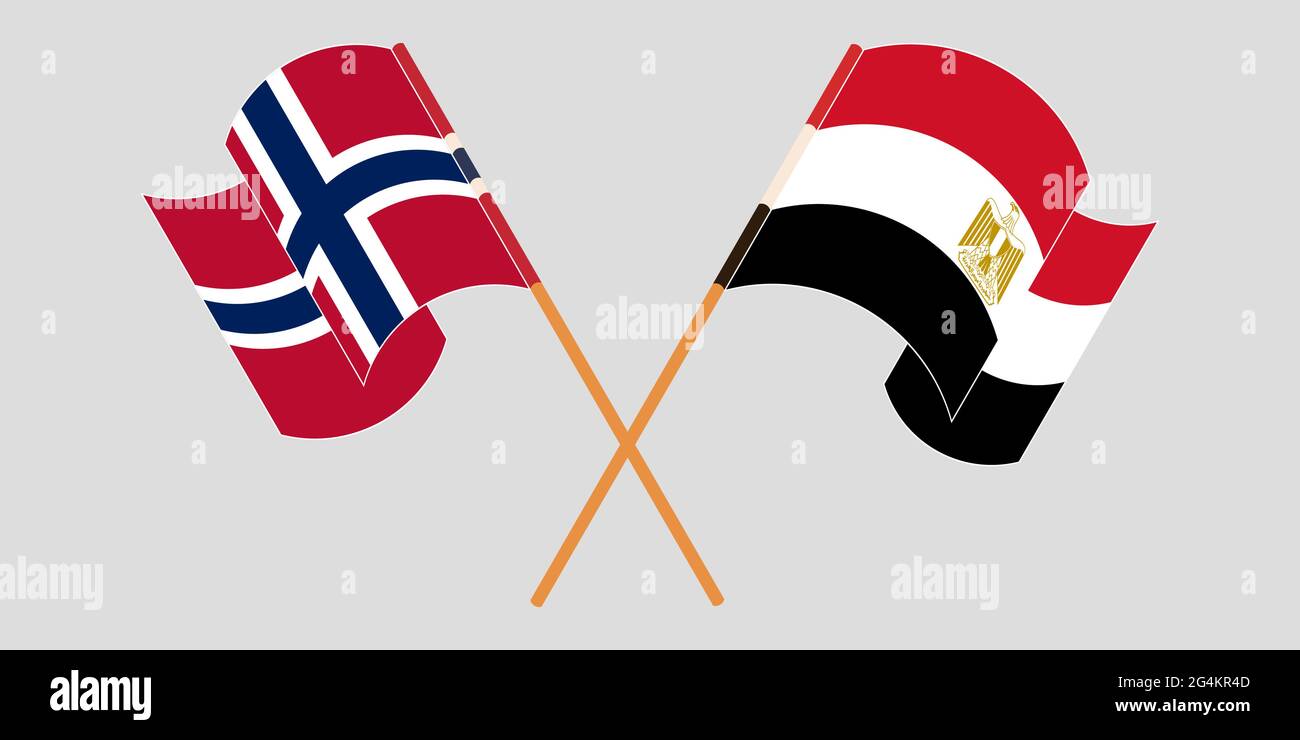 Gekreuzte und winkende Flaggen von Ägypten und Norwegen. Vektorgrafik Stock Vektor