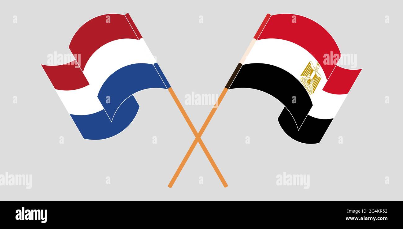 Gekreuzte und winkende Flaggen von Ägypten und den Niederlanden. Vektorgrafik Stock Vektor