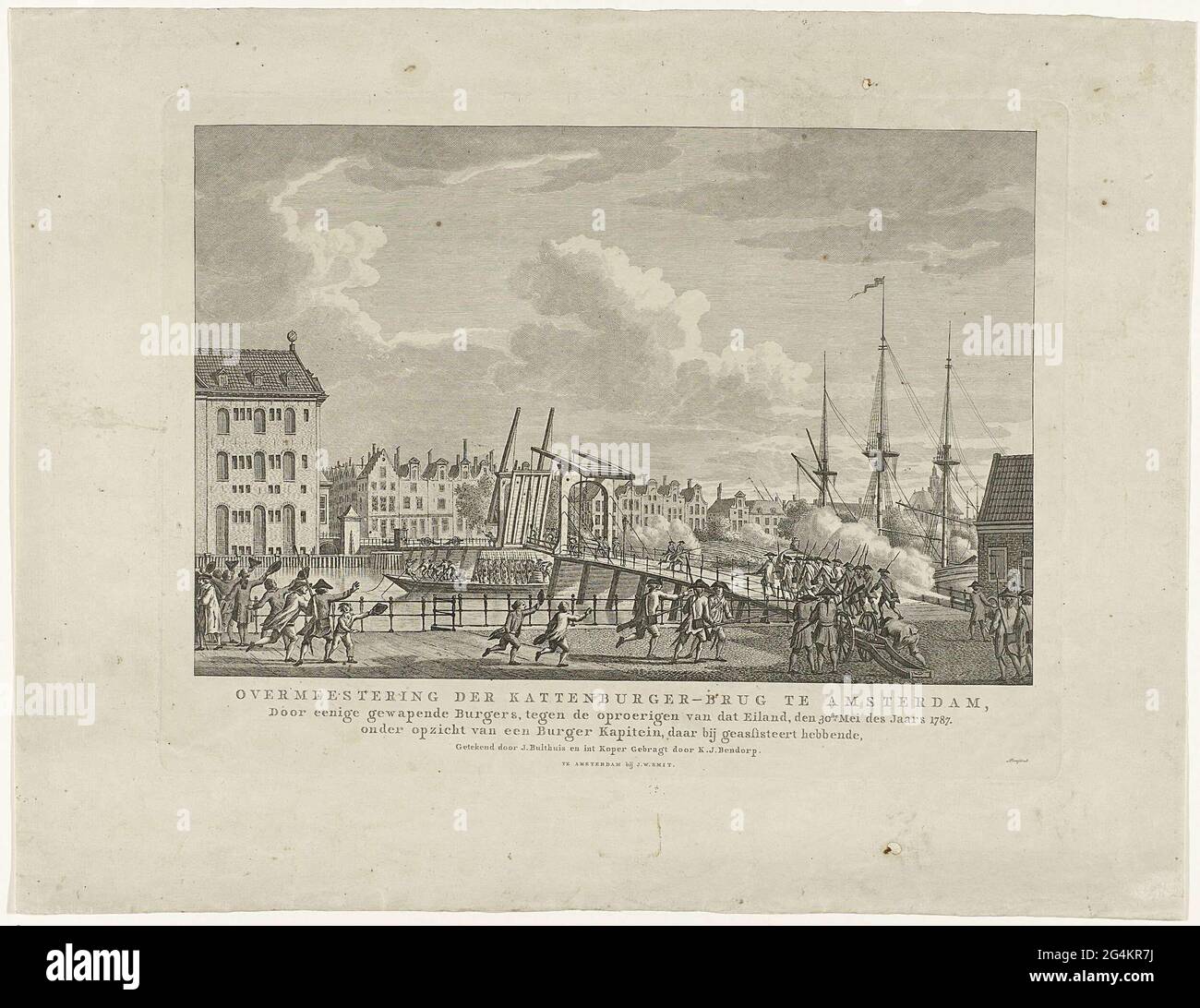 . Die Eroberung der Katzenburger-Brücke zur Insel Kattenburg auf dem rebellischen Orangen-zims durch die bewaffneten Amsterdamer Bürger, 30. Mai 1787. Linker Teil des Land Sea Magazins. Stockfoto