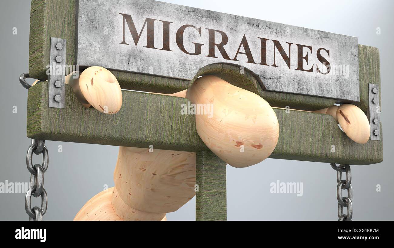 Migräne, die das menschliche Leben beeinflussen und zerstören - symbolisiert durch eine Figur am Pranger, um die Wirkung der Migräne zu zeigen und wie schlimm, begrenzend und negativ sie wirken Stockfoto