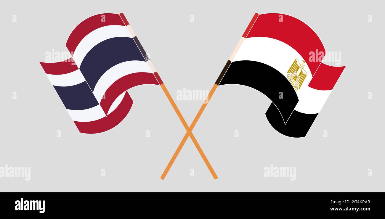 Gekreuzte und winkende Flaggen von Ägypten und Thailand. Vektorgrafik Stock Vektor