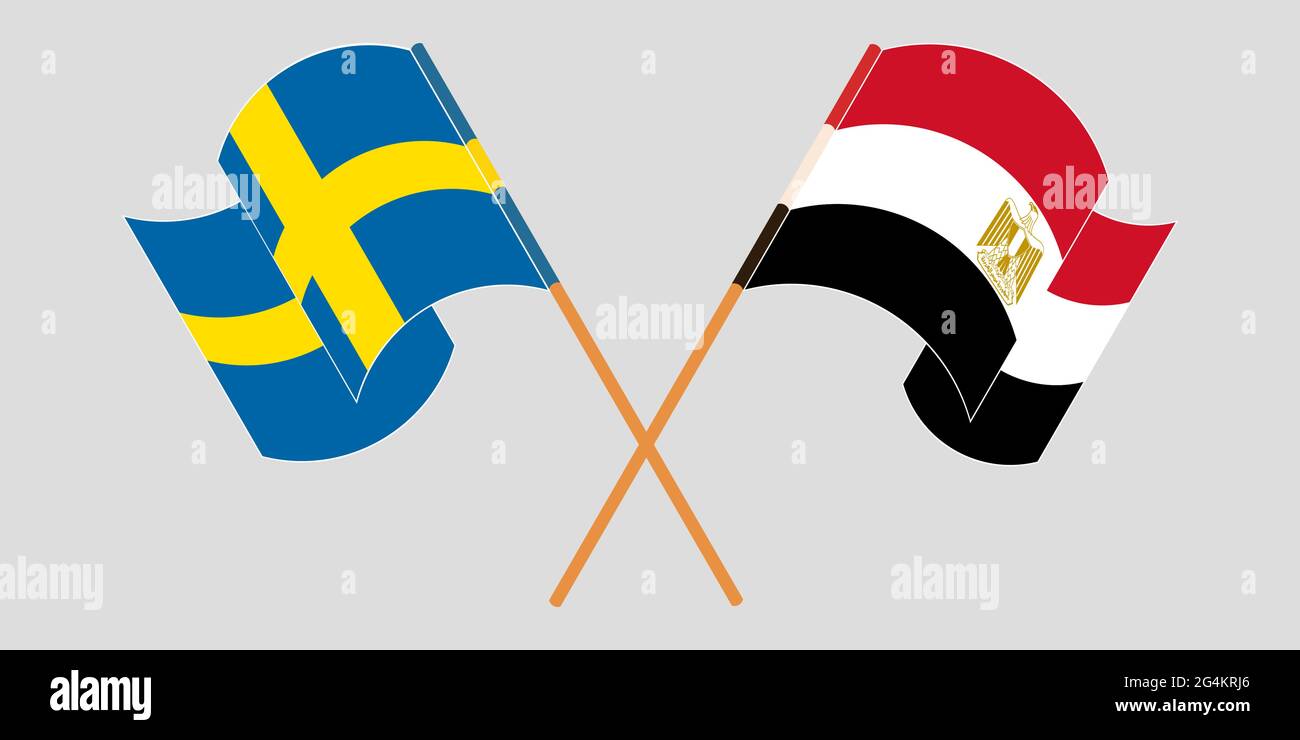 Gekreuzte und winkende Flaggen von Ägypten und Schweden. Vektorgrafik Stock Vektor