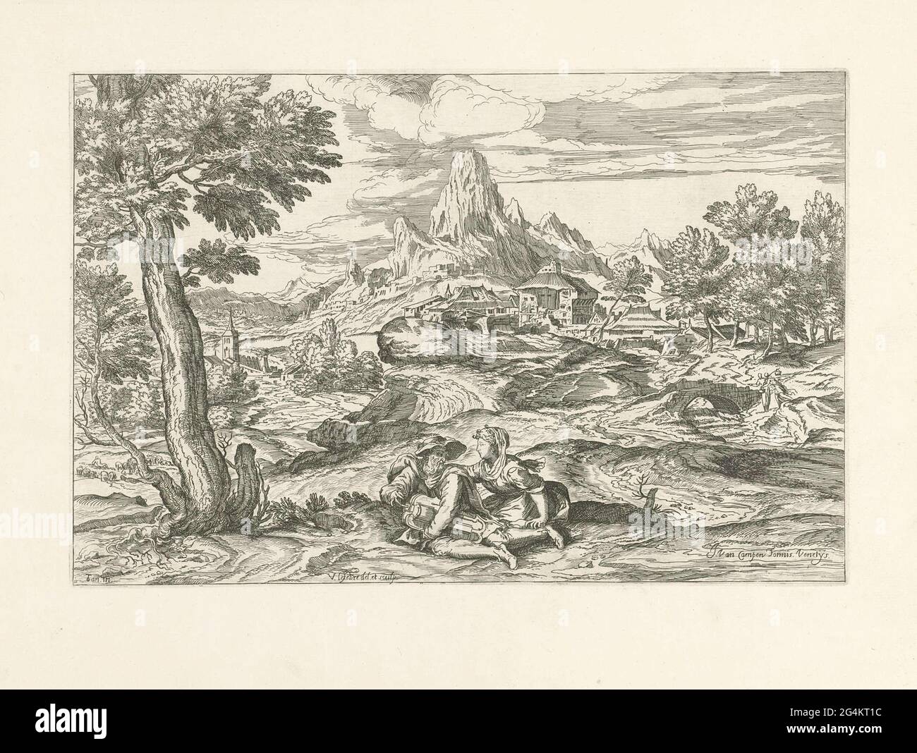 . Bergige Landschaft mit einem bärtigen alten Mann im Vordergrund, der mit einem Drailer Musik macht. Er sieht eine junge Frau an, die ihren Arm um seine Schulter geschlagen hat. In der Ferne fließt ein Bach und liegen Häuser. Der Druck ist Teil einer 53-teiligen Serie von Drucken zu Gemälden von Tizian und Veronese. Stockfoto