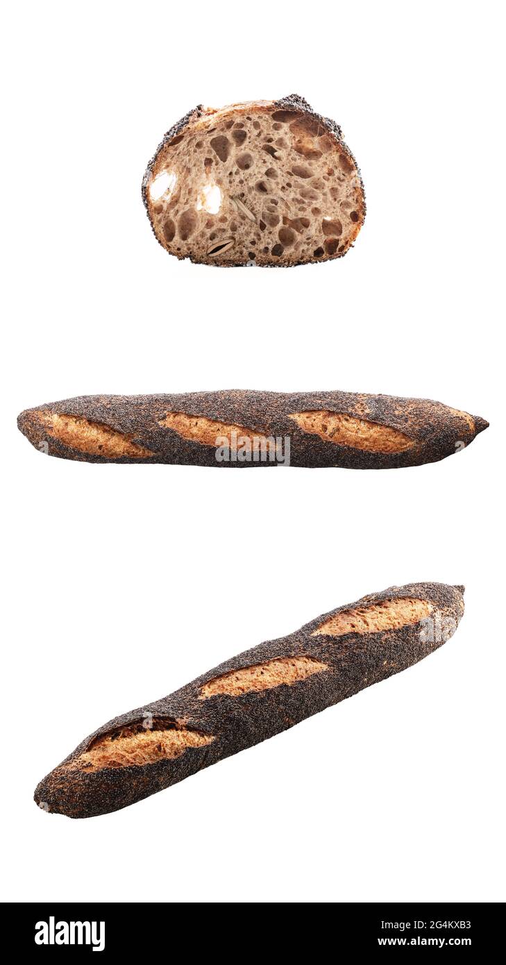 Hausgemachte Sauerteigbrot baguette auf weißem beackground. Ansicht von oben. Stockfoto