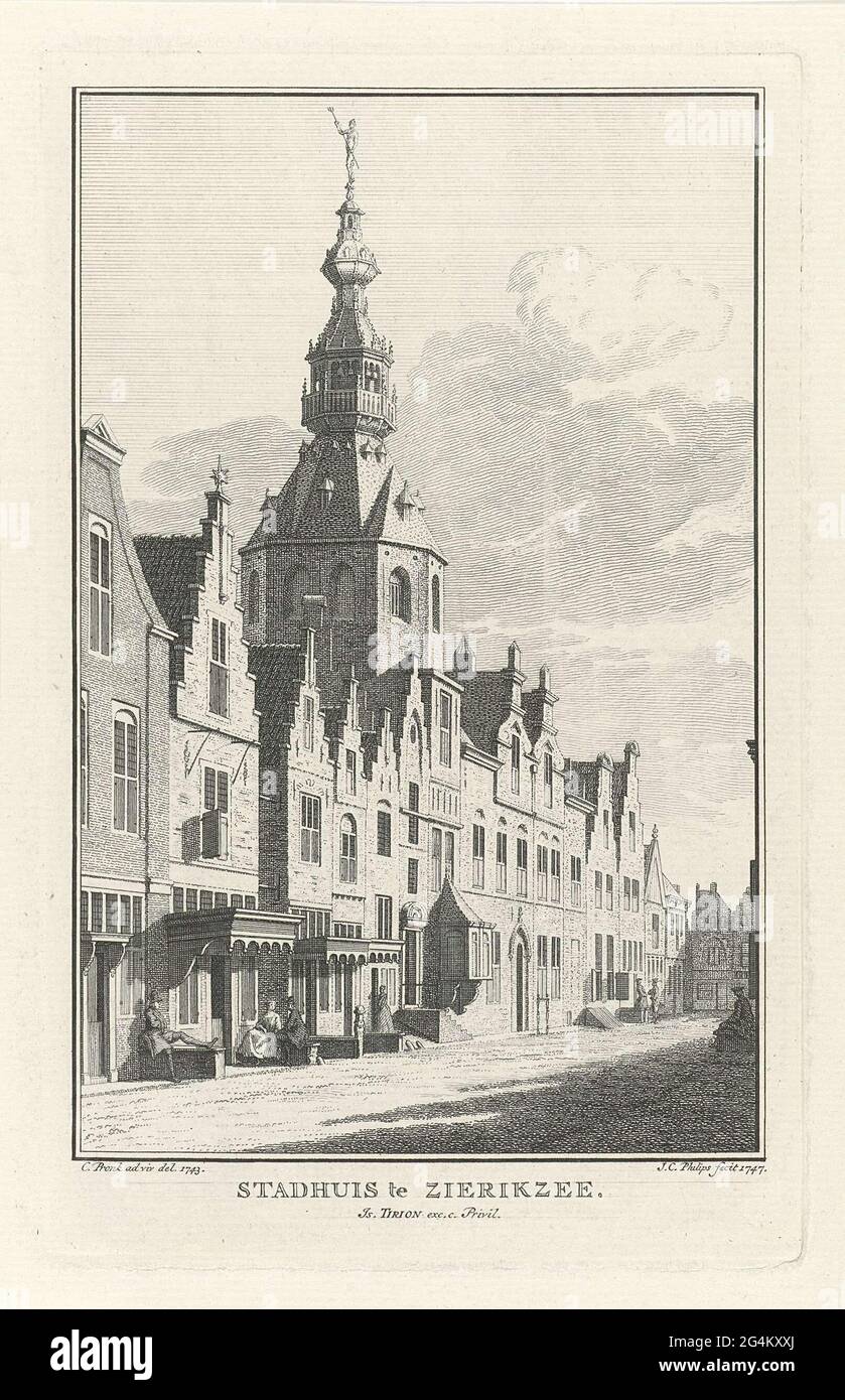 . Blick auf das Rathaus von Zierikzee, in der De Meelstraat, in der Lage um 1743. Stockfoto