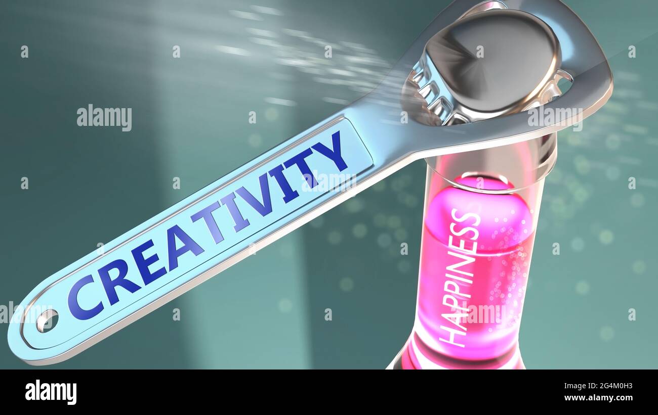 Kreativität öffnet den Weg zum Glück - dargestellt als eine glückliche Flasche, die durch Kreativität geöffnet wird, um die Wirkung und Wirkung der Kreativität, ihre guten Werte, zu symbolisieren Stockfoto