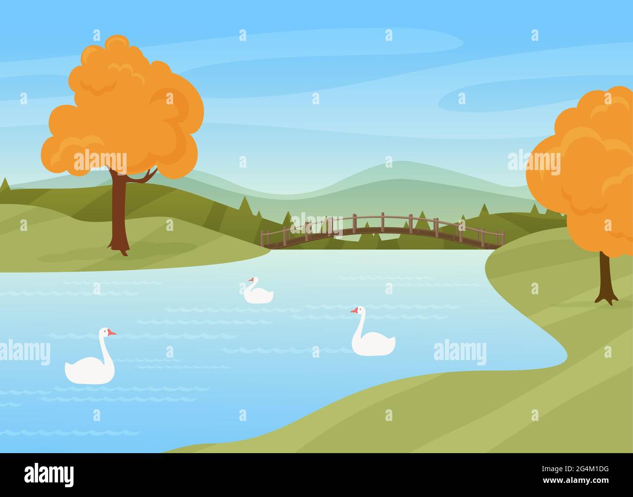 Schwäne schwimmen im Fluss, ländliche Herbst Natur Landschaft Vektorgrafik. Cartoon wilde Vögel auf der Wasseroberfläche, Brücke über Fluss oder See, Bäume mit gelben Herbstblättern stehen am Flusshintergrund Stock Vektor