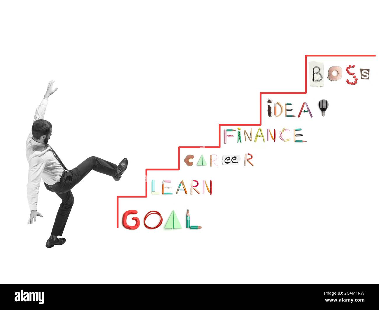 Visualisierung von Zielen. Junger Mann, Geschäftsmann, Finanzanalyst oder Angestellter in Geschäftskleidung isoliert auf weißem Hintergrund. Weiß, blau und pink Stockfoto