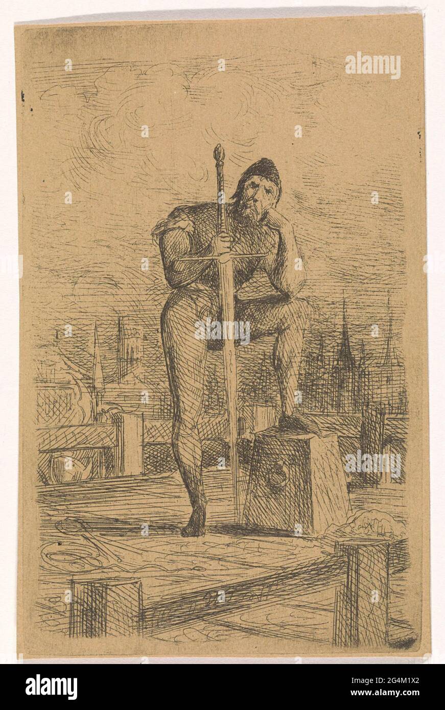 . Eine Basis mit einem Fuß, der auf dem Zerkleinerer steht, blockiert das Schwert in seiner Hand. Stockfoto