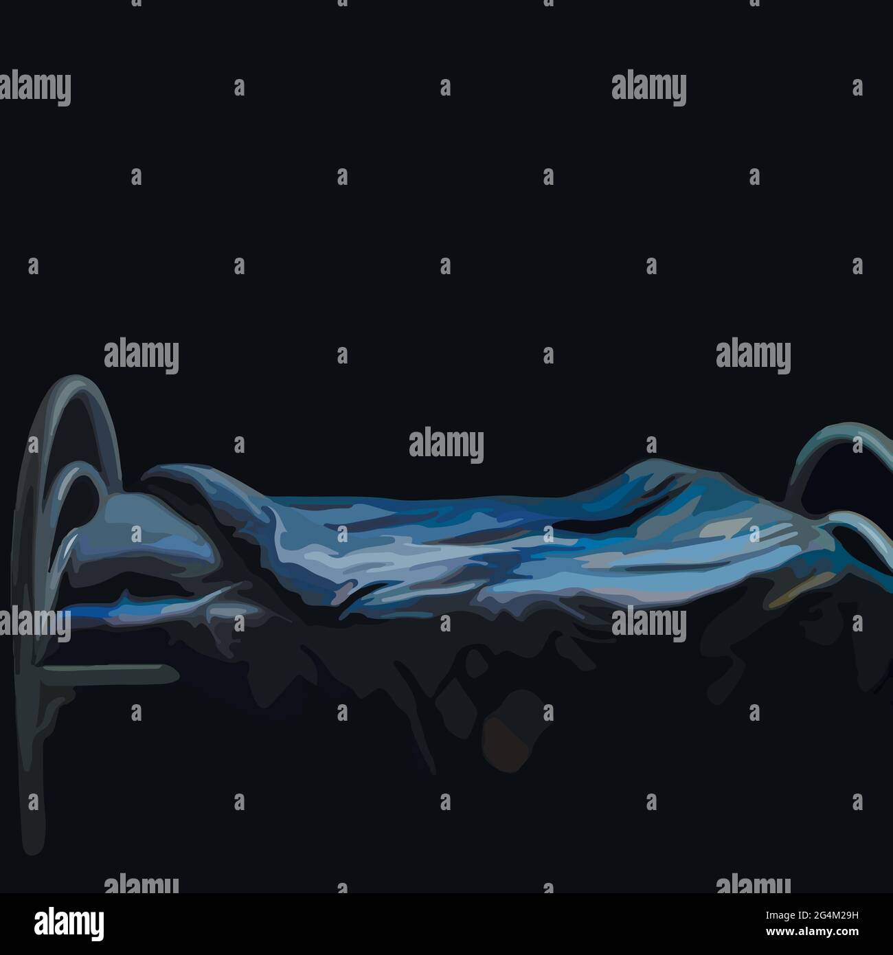 Vektor-Illustration auf schwarzem Hintergrund - ein dunkles Zimmer, ein Schlafzimmer - ein Bett mit blauer Bettwäsche. Stock Vektor