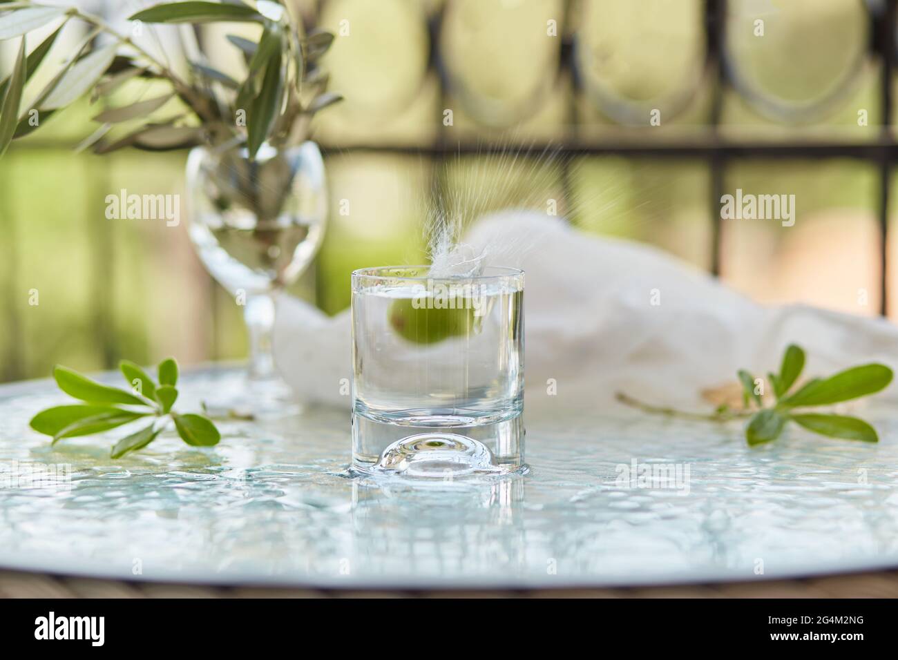 Handgemachte Sommergetränke. Harter Seltzer mit grüner Olive. Hausgemachte Sommercocktails und ein Zweig eines Olivenbaums in einem Glas. Glyphe von Purificati Stockfoto