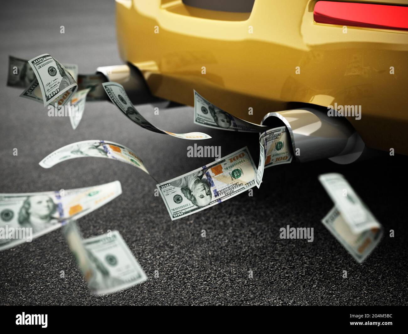 100-Dollar-Scheine, die aus dem Auspuffrohr eines Autos fließen. 3D-Illustration. Stockfoto