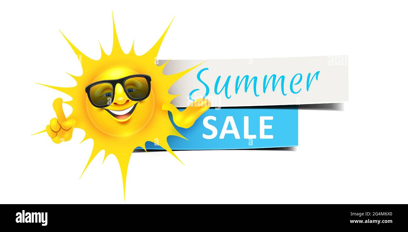 Sun-Zeichen Maskottchen mit Sommer-Sale-Banner Stock Vektor