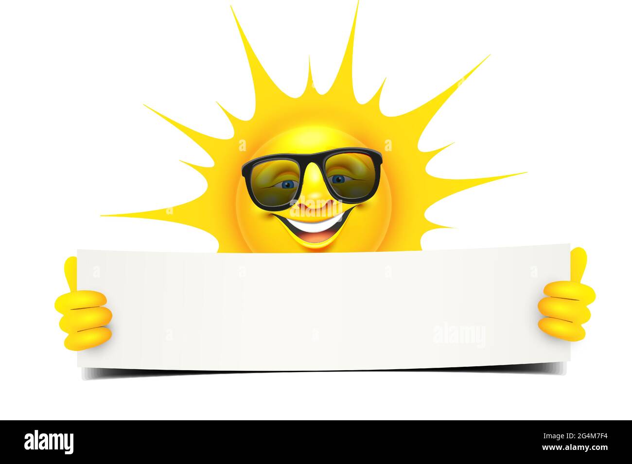 Sonnenfigur Maskottchen mit Sonnenbrille mit einem leeren Banner Stock Vektor