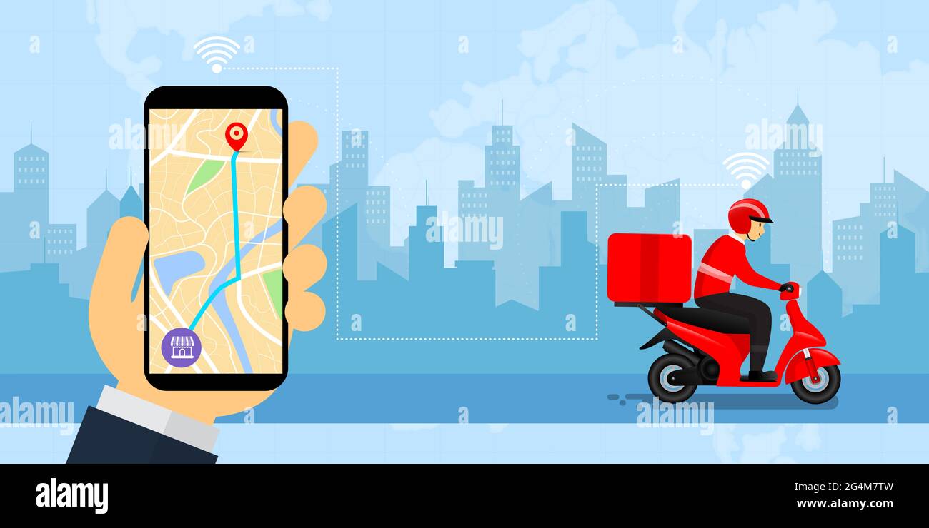Hand hält Smartphone mit dem Mann Lächeln und Reiten ein Motorrad für die Lieferung mit Glück, für Online-Shopping Logistik-und Transportkonzept Stockfoto