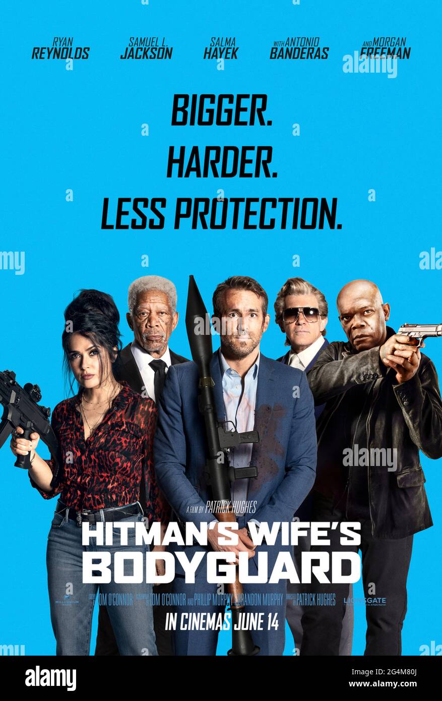 The Hitman's Wife's Bodyguard (2021) unter der Regie von Patrick Hughes mit Ryan Reynolds, Samuel L. Jackson und Salma Hayek. Bodyguard Michael Bryce setzt seine Freundschaft mit dem Attentäter Darius Kincaid fort, der versucht, Darius' Frau Sonia zu retten. Stockfoto