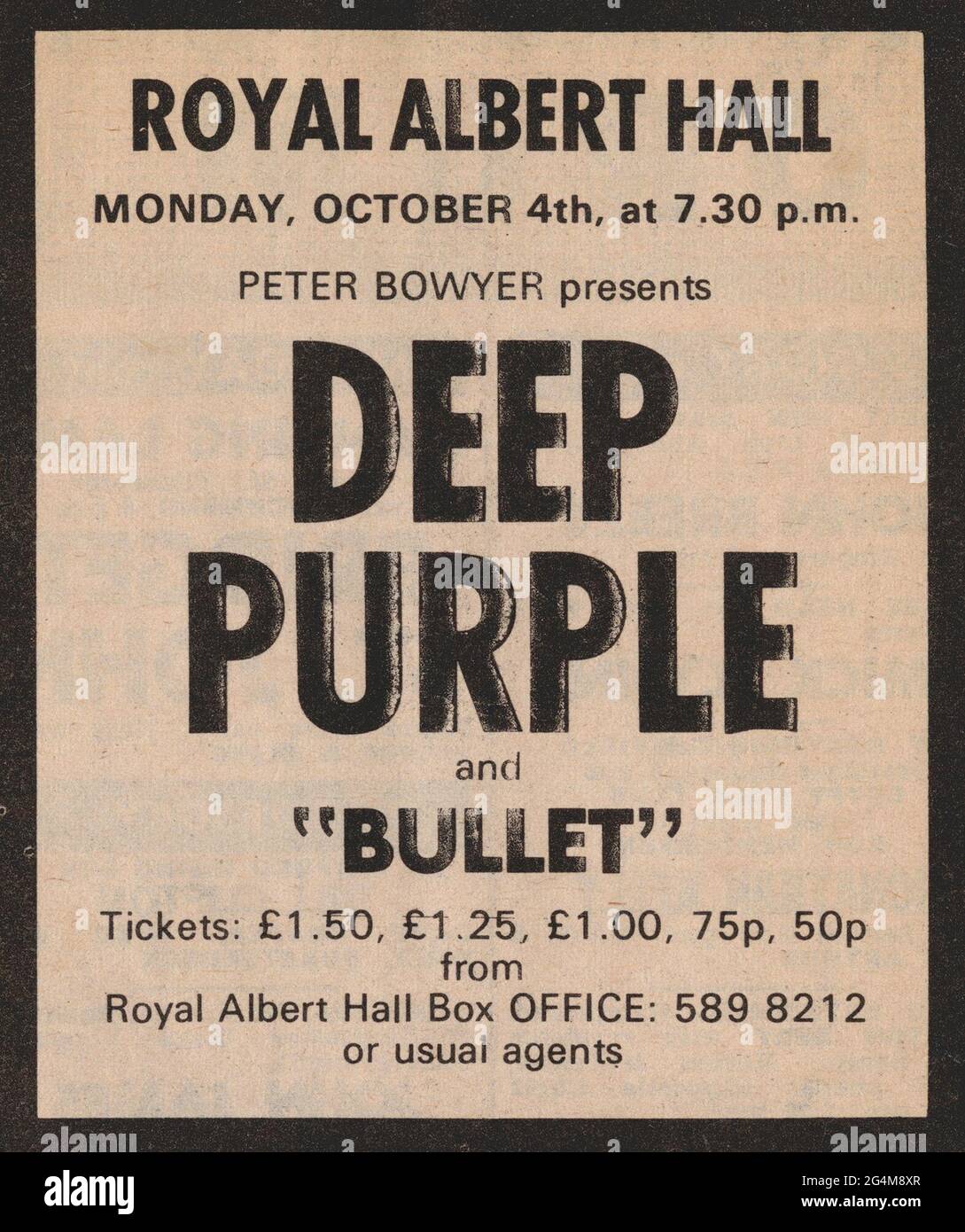Deep Purple, britische Hardrock-Band, 70er Jahre. Vintage-Presseanzeigen für Live-Konzerte in der Royal Albert Hall 1971 und 1973 UK-Tournee. Ritchie Blackmore, Jon Lord, Ian Gillan, Ian Paice, Roger Glover. Dies ist die berühmte Besetzung, die das Machine Head Album und Smoke auf der Water Hit Single aufgenommen hat. Weitere Erinnerungsstücke verfügbar. Stockfoto