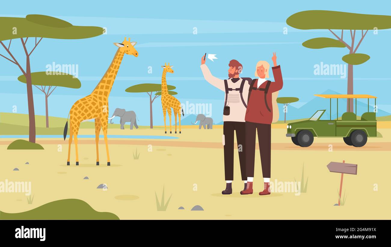 Menschen paar Touristen, Safari-Tour Urlaub in Afrika Vektor-Illustration. Cartoon Mann Figur macht Selfie-Foto mit Handy-Kamera, Elefant Giraffe Tiere in Naturlandschaft Hintergrund Stock Vektor
