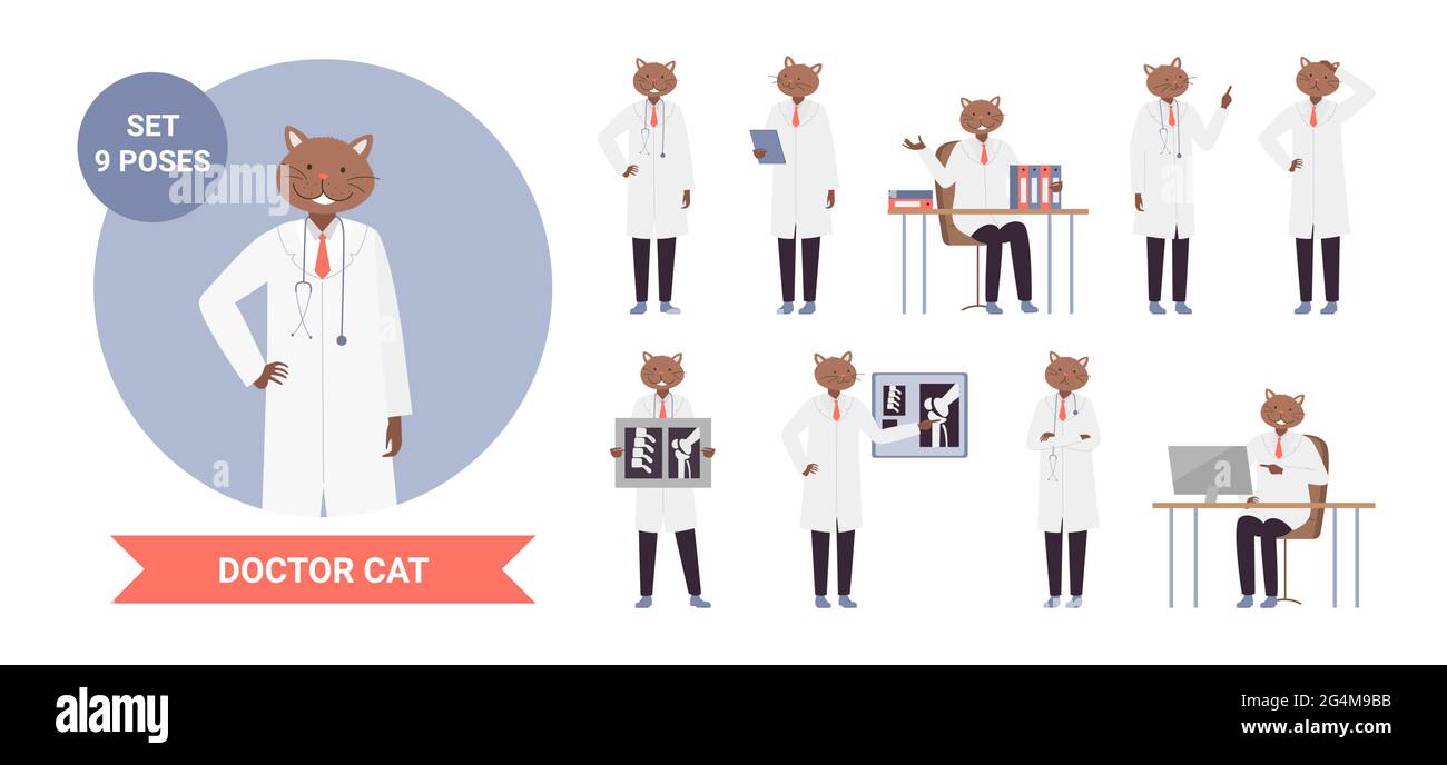 Doktor Katze Charakter Posen, anthropomorphe Set Vektor Illustration. Cartoon lustige Medizin Arbeiter Kätzchen posiert und arbeitet, Kitty Wissenschaftler mit Stethoskop halten Röntgenaufnahme von Knochen isoliert auf weiß Stock Vektor