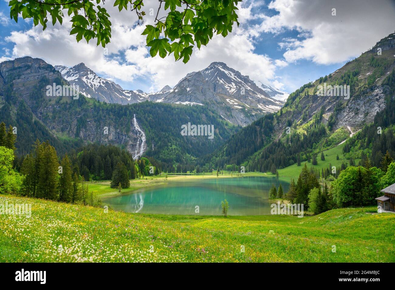 Idyllischer Lauenensee mit Wildhorn im Frühling, Berner Alpen, Schweiz Stockfoto