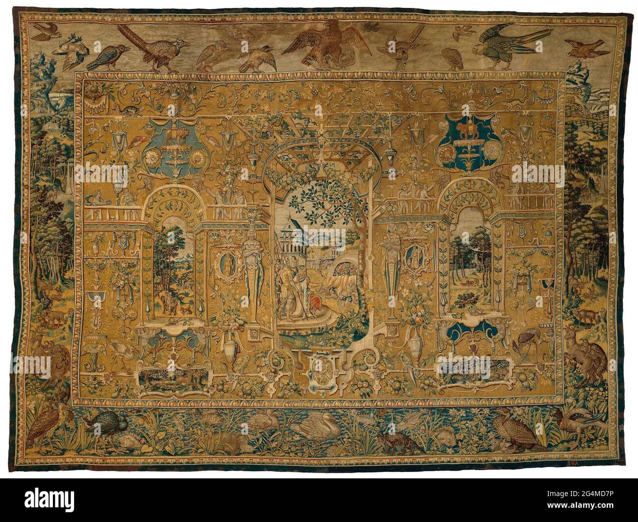 . Groteskenta mit Nebukadnezar, gegen einen gelben Fond und mit einem Rand des Z.G. Zoologischer Garten (die Tiere zu Wasser, Land und in der Luft). Gegen die Oknergele Fond drei Szenen: In der Mitte Nebukadnezar und die Jugendlichen im Feuerofen (Daniel 3: 25), linke Reiter, rechts ein Landmann. Rechts unten signiert Zoom Brabant-Antwerpen, rechts außen Zoom van der Hecke. Stockfoto