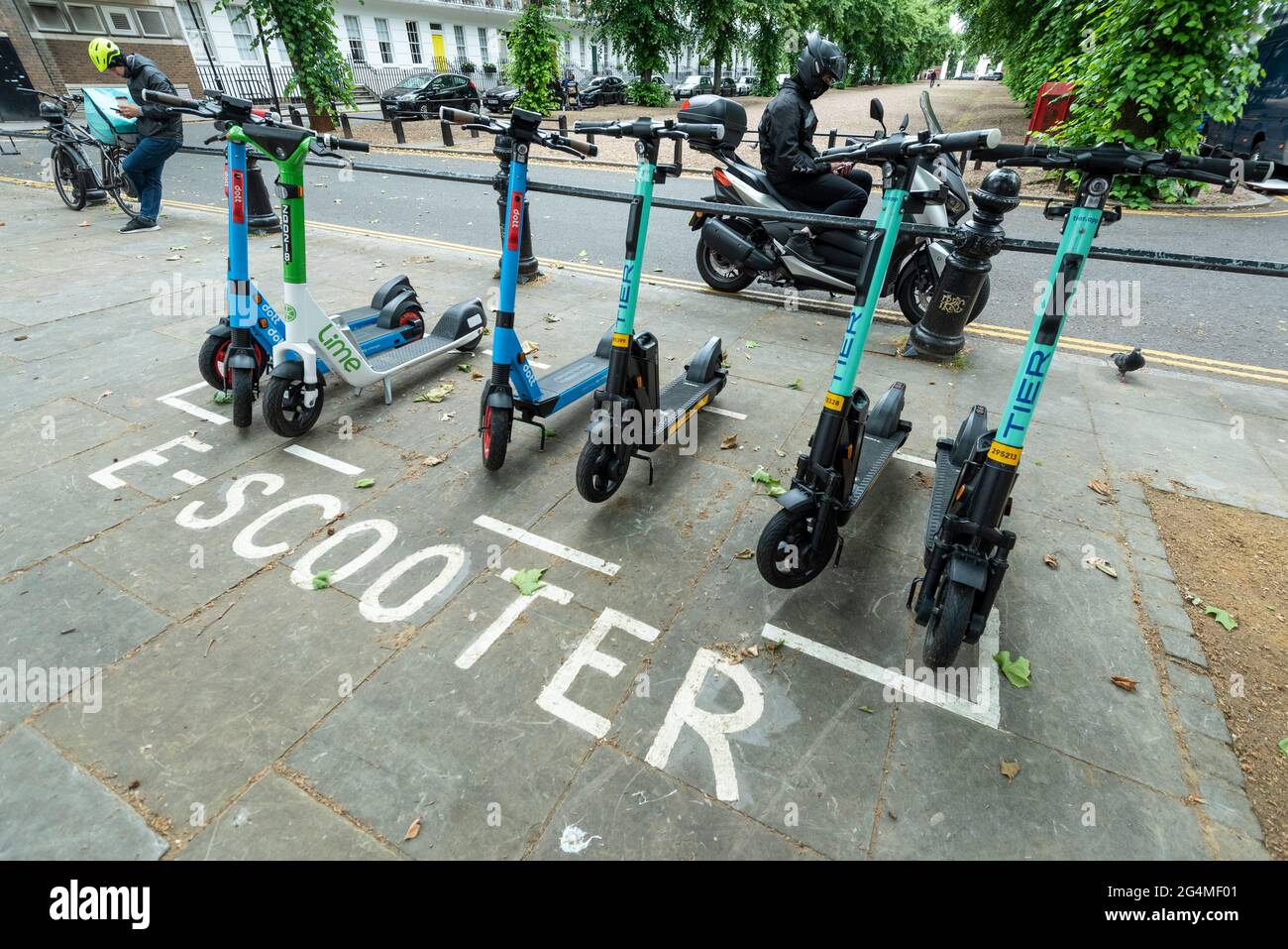 London, Großbritannien. 22. Juni 2021. Vermietung von E-Scootern, die auf einem ausgewiesenen Parkplatz an der King’s Road in Chelsea geparkt sind. Diese sind Teil eines am Montag, dem 7. Juni, gestarteten E-Scooter-Leihprogramms, das zunächst 12 Monate läuft und Fußgängern erlaubt, sie legal zu mieten und zu fahren, jedoch nur in bestimmten Stadtteilen der Hauptstadt, solange die Vorschriften eingehalten werden. Im Gegensatz dazu bleiben E-Scooter in Privatbesitz, obwohl sie für viele beliebt sind, auf öffentlichen Straßen und Gehwegen illegal. Kredit: Stephen Chung / Alamy Live Nachrichten Stockfoto