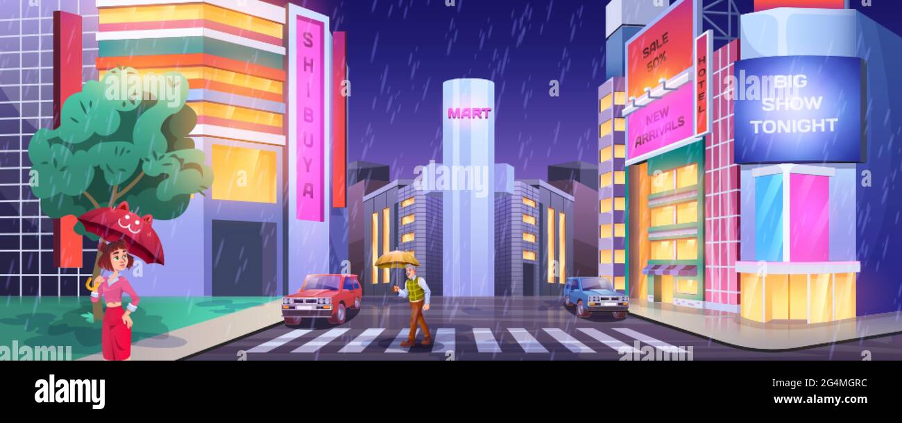 Regen in der Stadt der Nacht. Fußgänger mit Regenschirmen überqueren Straße. Leute am Fußgängerweg mit Autos. Cartoon Street Illuminated zeigt Lichter bei nassem, regnerischem Wetter. Stadtbild mit leuchtenden Schaufenstern von Geschäften. Stock Vektor