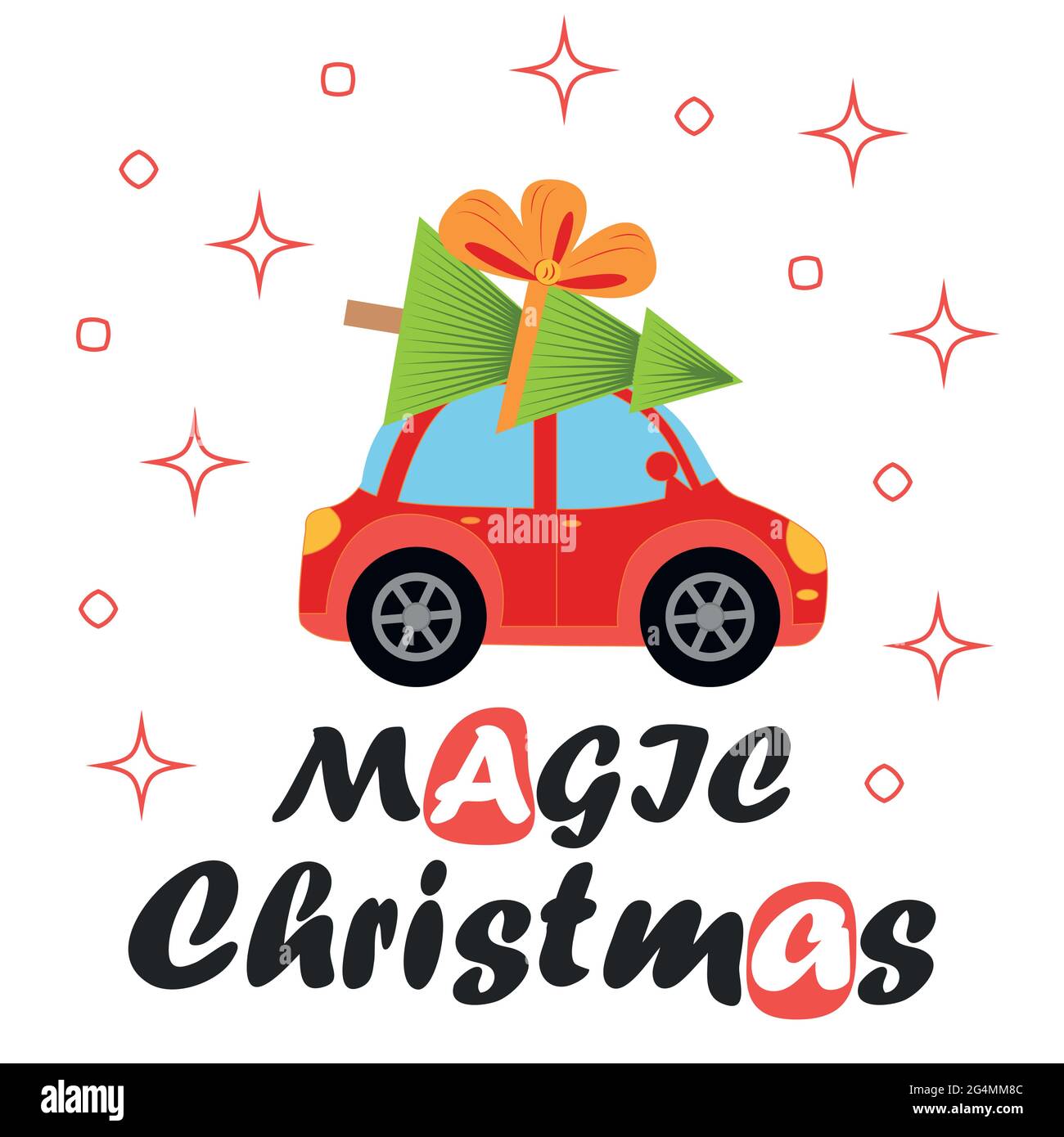 Grußkarte mit rotem Retro-Auto mit weihnachtsbaum auf dem Dach. Frohe weihnachten und ein glückliches neues Jahr Illustrationen. Stock Vektor