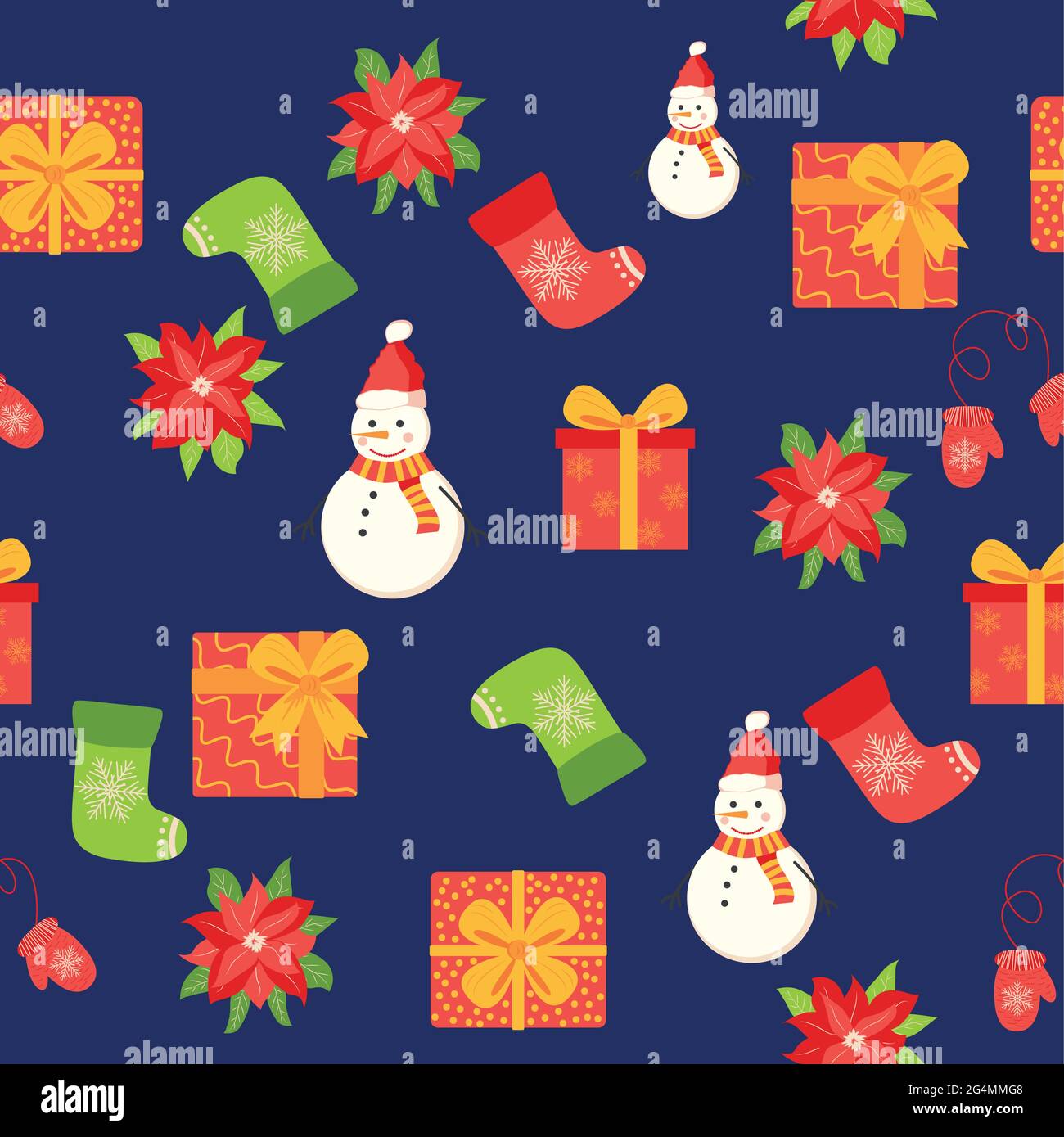 Nahtloses Muster mit niedlichen Cartoon-Weihnachts-Schneemann, Geschenke, Weihnachtssterne, Fäustlinge und roten, grünen Strumpf. Weihnachtsverpackung Stock Vektor