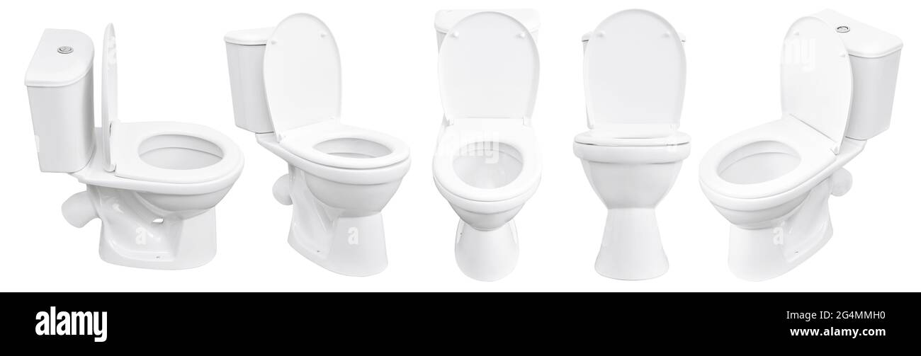 Toilette auf weißem Hintergrund. Nahaufnahme der Toilette. Weiße Toilettenschüssel isoliert. Set mit Toilettenschüsseln. Stockfoto