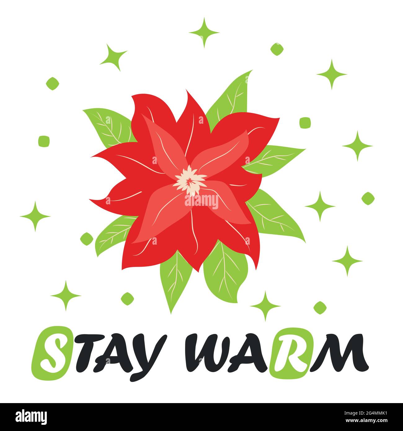 Traditionelle Weihnachtsblume mit grünen Blättern und roten Blütenblättern. Niedliches Winterposter, Weihnachtskarte, Banner, Aufkleber, Geschenkanhänger. Stock Vektor