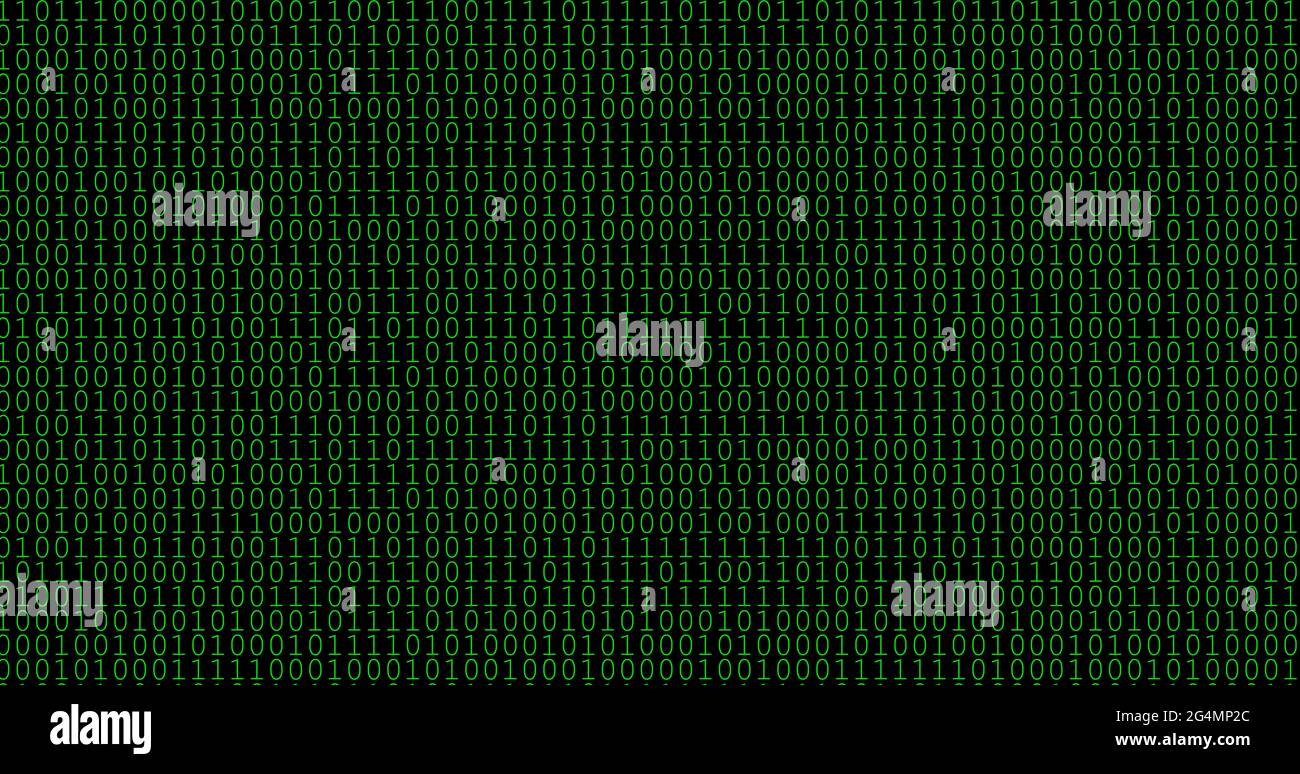 Mosaik aus grünen Nullen und Einsen auf schwarzem Hintergrund. Abstrakte Computertextur oder Hintergrund mit Binärzahlen. Stockfoto