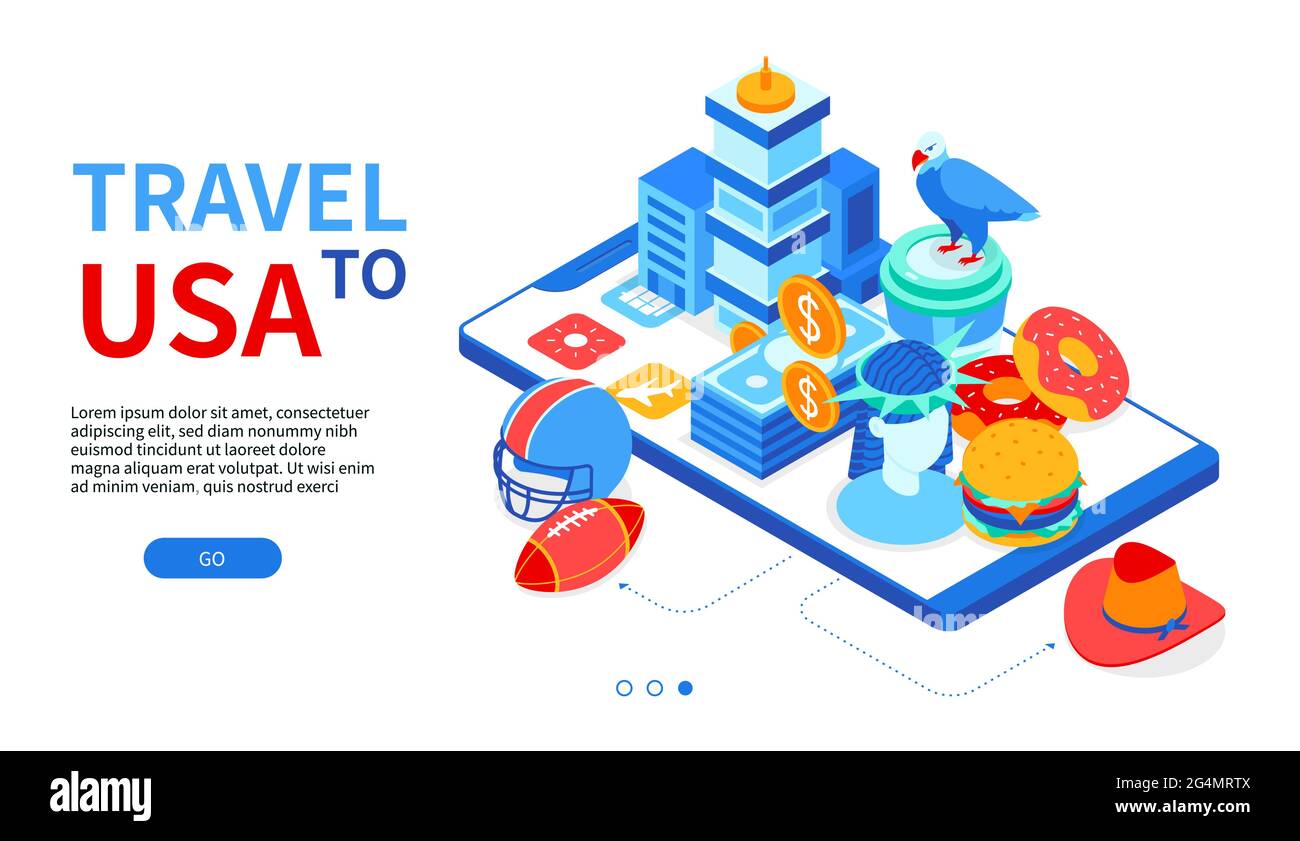 Reise in die USA - farbenfrohes isometrisches Webbanner mit Platz für Text. Amerikanische Kultur und Traditionen. Fußball, Donuts und Kaffee, Cowboyhut, Stock Vektor