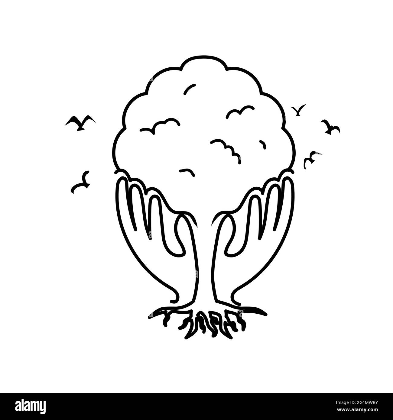 Baum Hand Vögel Natur Illustration, schwarze Linie Zeichnung Stock Vektor