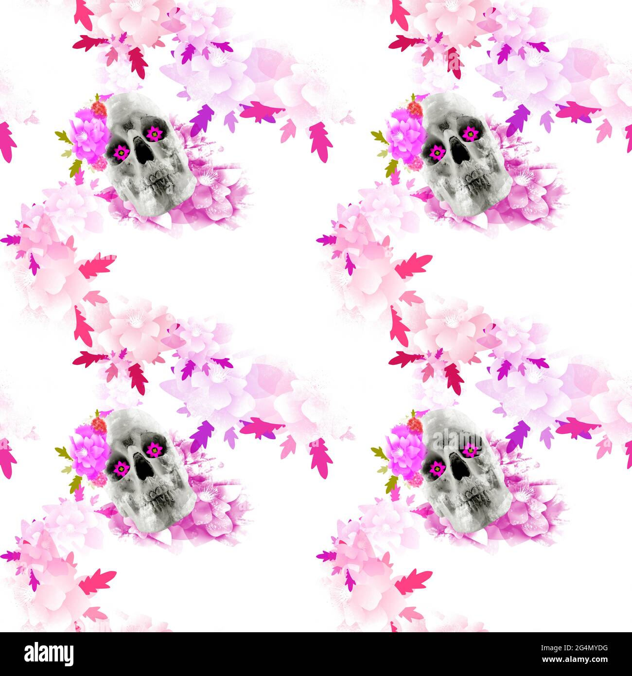 Abstrakt nahtlose Santa Muerte Stil weiß getönten Schädel mit Blumen Muster Illustration mit rosa, lila und roten Farben. Stockfoto