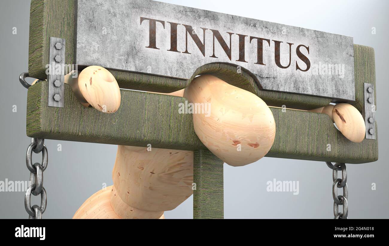 Tinnitus, der das menschliche Leben beeinflusst und zerstört - symbolisiert durch eine Figur am Pranger, um die Wirkung von Tinnitus zu zeigen und wie schlecht, begrenzend und negativ sie beeinflussen Stockfoto