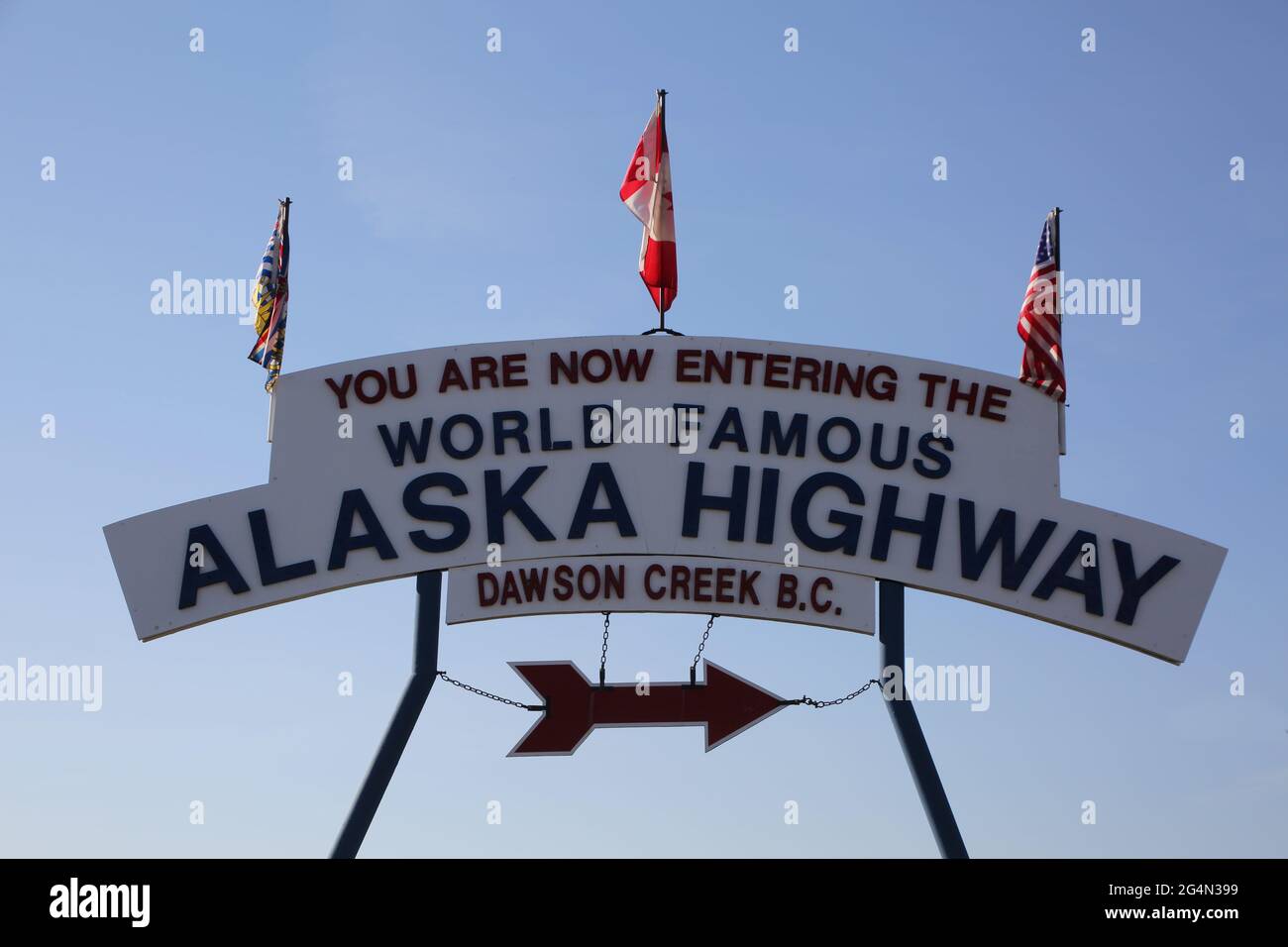 Das weltberühmte Schild des Alaska Highway Way liegt bei Mile 0 Dawson Creek, Alberta Canada Stockfoto