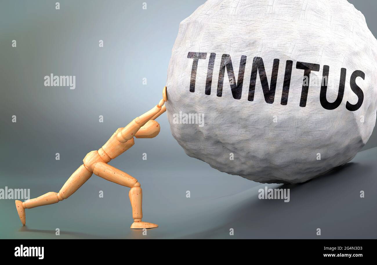 Tinnitus und schmerzhafter menschlicher Zustand, dargestellt als eine hölzerne menschliche Figur, die schweres Gewicht drückt, um zu zeigen, wie schwer es sein kann, mit Tinnitus im Menschen umzugehen Stockfoto