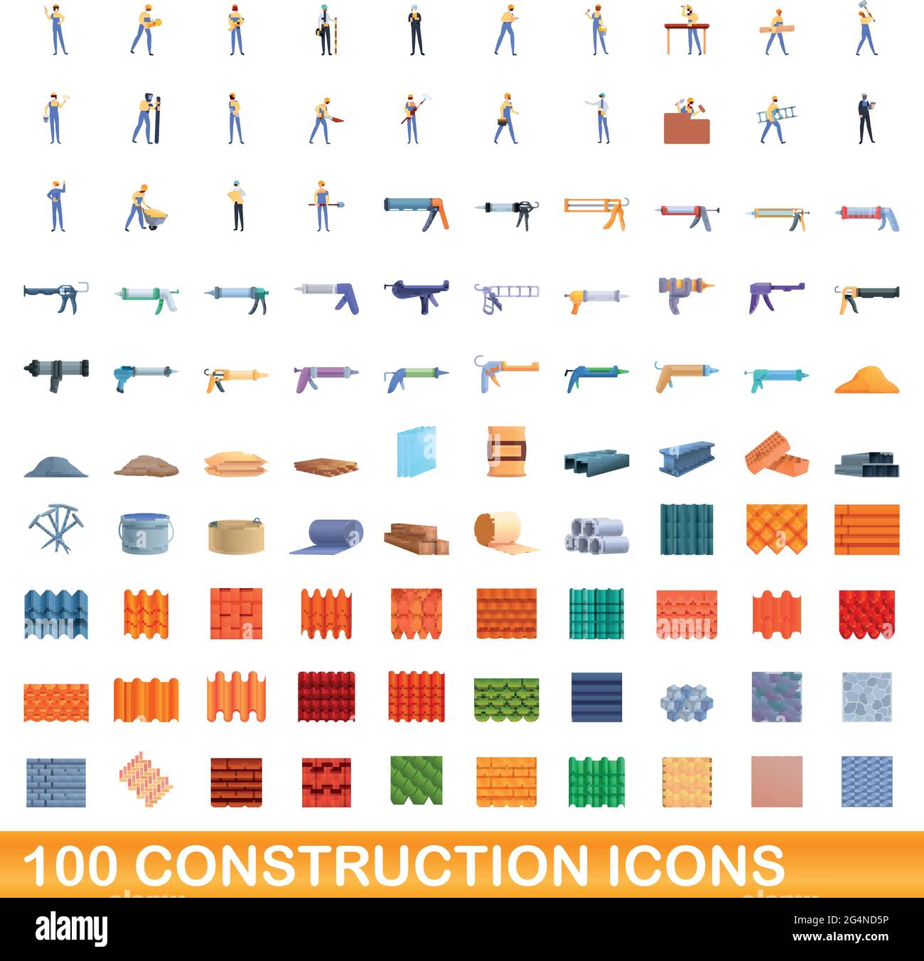 100 bau Symbole gesetzt. Cartoon Illustration von 100 Bau Symbole Vektor auf weißem Hintergrund einstellen Stock Vektor