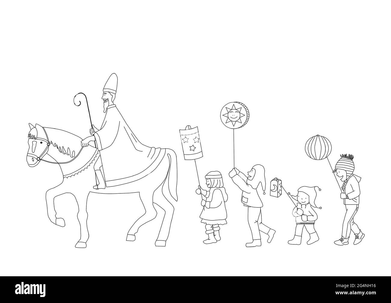 Eine Gruppe von Kindern macht eine Fackelprozession zum Martinsfest. Ein Reiter mit einem großen Mantel reitet voraus. Vektor der äußeren Linien. Stock Vektor