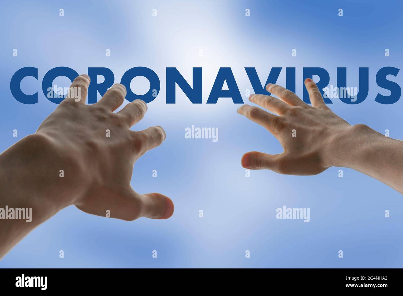 Menschliche Hände schützen und decken vor der Krankheit des Coronavirus-Problems ab Stockfoto