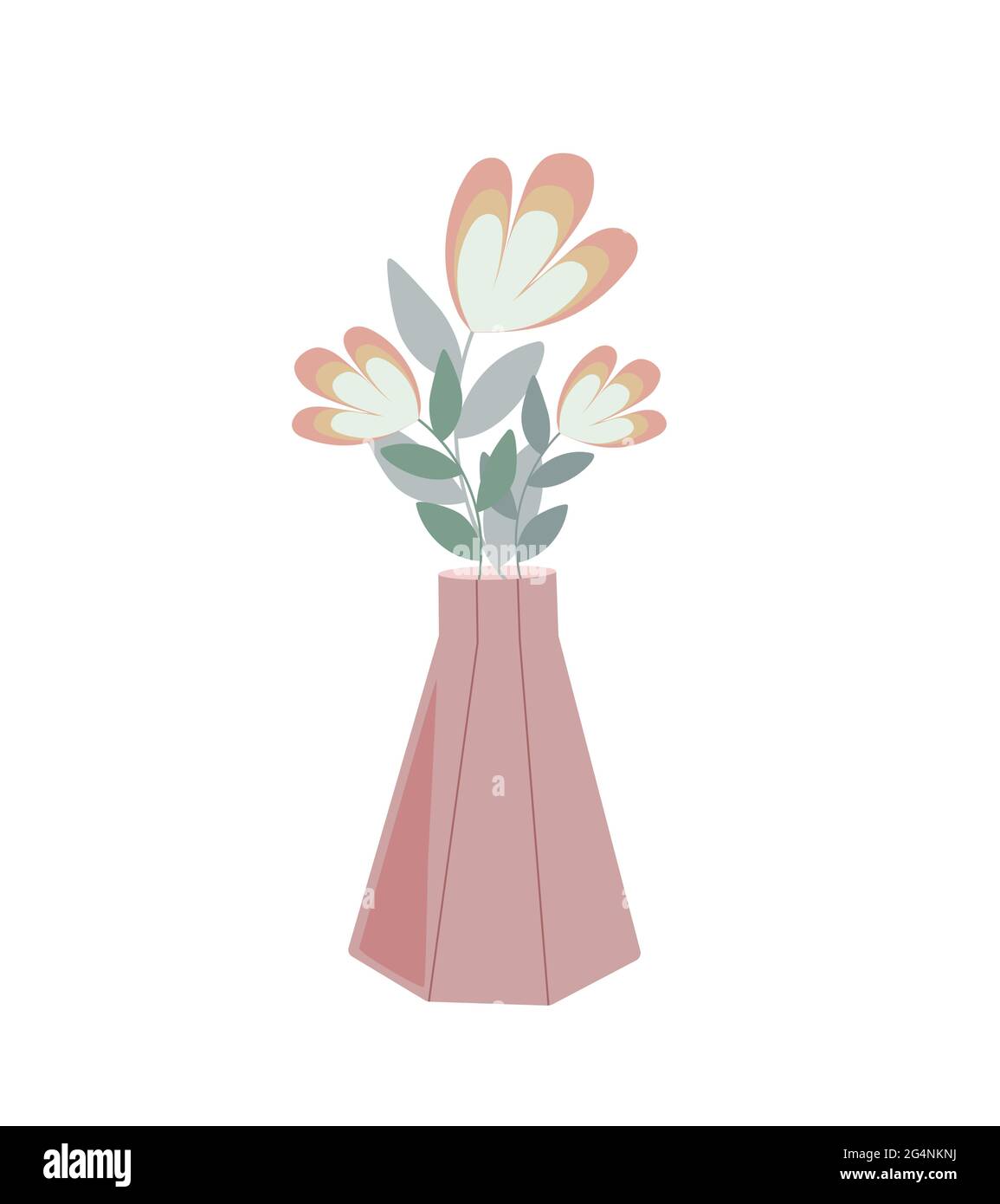Bohemian Vase mit ausgefallenen Blumen in einfachen flachen Stil abstrakt Vektor pastellfarben Illustration, trendy minimalistisch gemütliches Zuhause Konzept, romantische Grußkarte, Einladung Stock Vektor