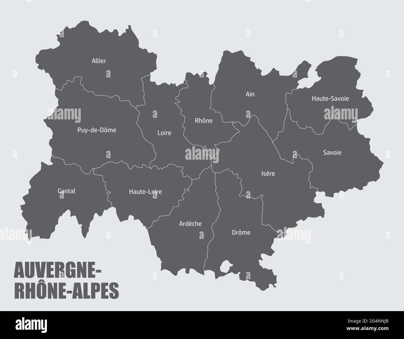 Auvergne-Rhone-Alpes Verwaltungskarte in Abteilungen mit Etiketten aufgeteilt, Frankreich Stock Vektor