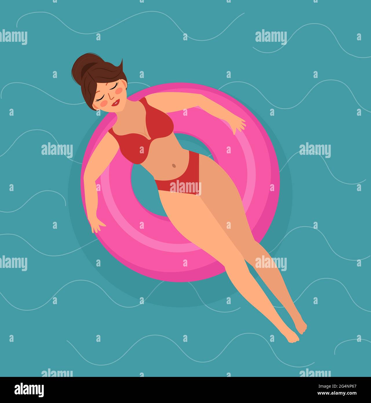 Hallo Sommermädchen auf einem Schwimmring schwimmt im Meer oder Pool. Illustration für Sommerferien. Vektor Stock Vektor