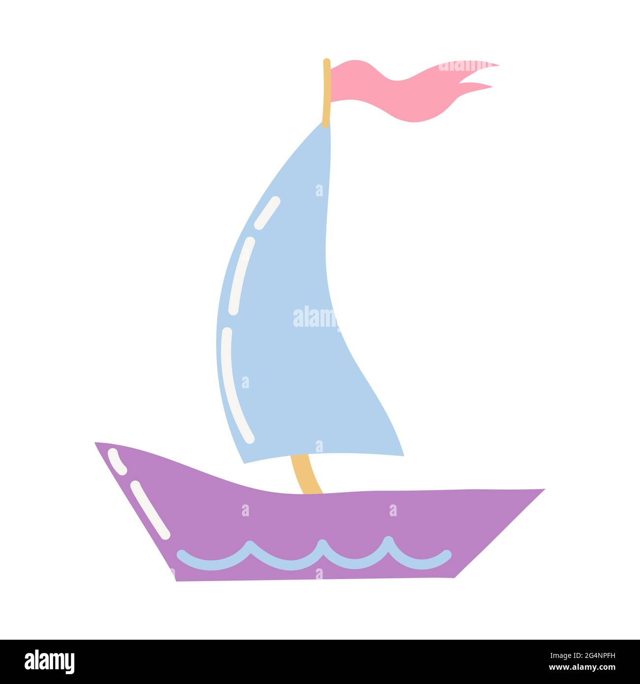 Ein violettes Boot mit blauem Segel und einer rosa Flagge im minimalistischen Cartoon-Stil schwebt auf weißem Hintergrund. Für Kinderdrucke, Symbole oder Embleme. Stock Vektor