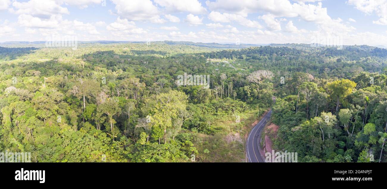 Eine Straße, die durch den primären Regenwald im ecuadorianischen Amazonas führt und über den Wald blickt, um in der Ferne ein kolonistisches Dorf zu erreichen. Straßenbau ist das treibendes Stockfoto