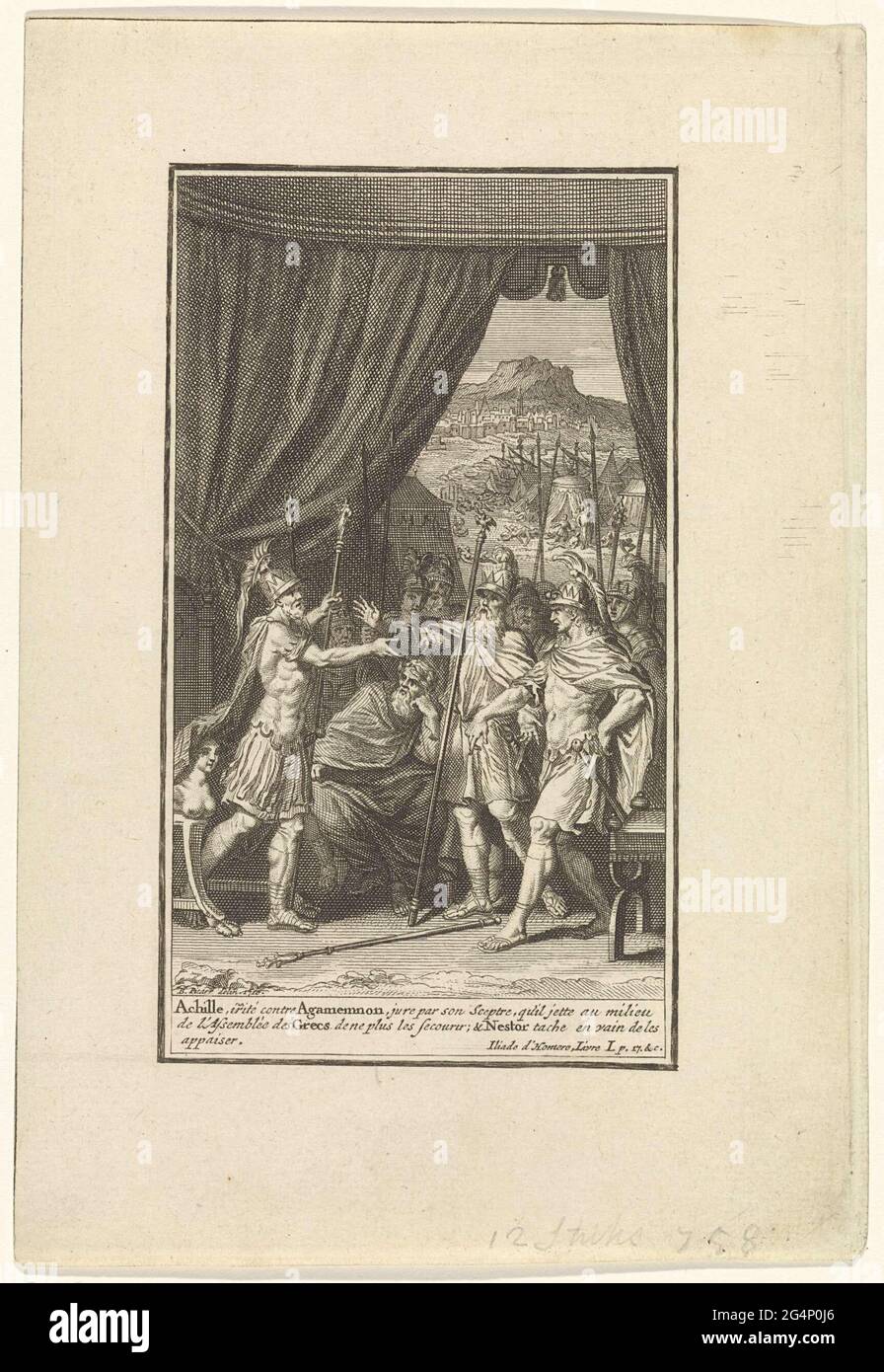 . Achilles beschuldigt König agamemnon der Gier. Der König fordert dann seinen Sklaven briseïs. Die Weisen schmieden sich an den Konflikt. Im Hintergrund startet Apollo die Pest im griechischen Lager. Eine Beschriftung auf Französisch am Rand. Stockfoto