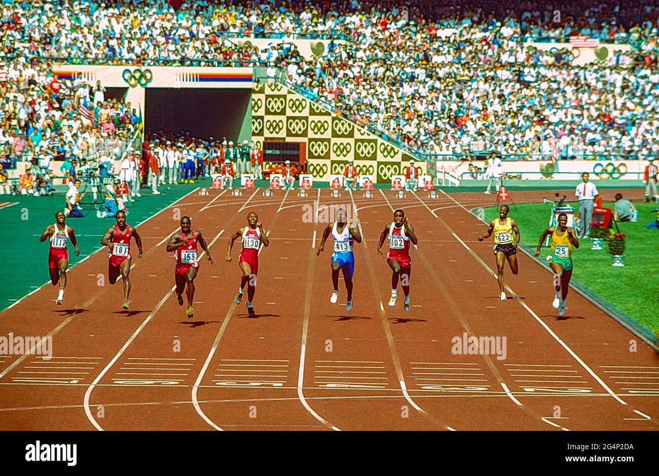 Finale der 100 Millionen Männer bei den Olympischen Sommerspielen 1988. Ben Johnson (CAN) gewinnt #159, wird aber später disqualifiziert und erhält den Sieg an Carl Lewis (USA) #1102. Stockfoto